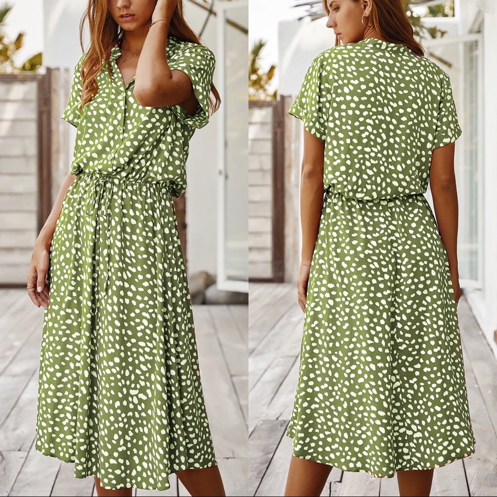 🆕String Tie Waist Short Sleeve Midi Dress Green